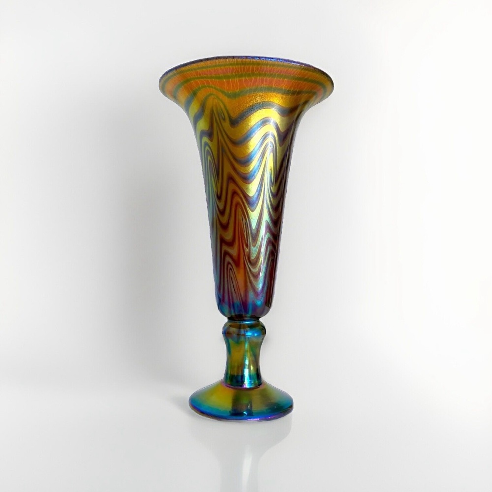 🚫SOLD🚫 Lundberg Studios • 9” Footed Rainbow Trumpet Vase Signed - Picture 1 of 7